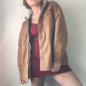 Tan coat with grey hood